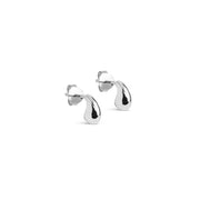 Pair of silver teardrop-shaped earrings on a white background