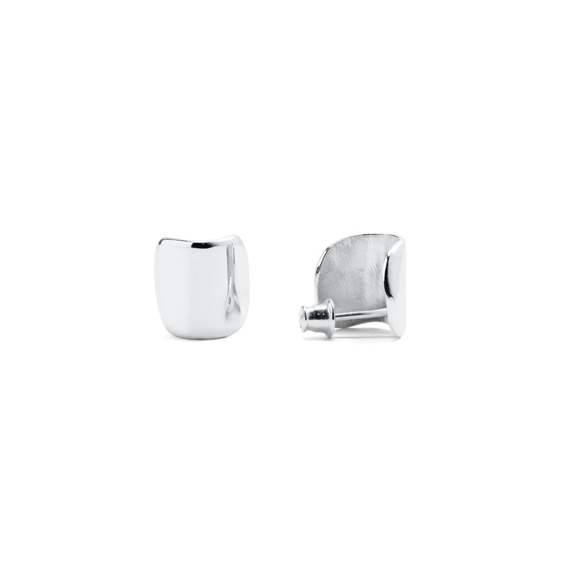 A pair of silver earrings with a cradle-like design at the top, displayed against a white background.