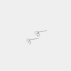 A pair of silver earrings featuring a round pearl connected by a silver dot, presented on a white background.