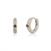 Pair of hoop earrings with blue sapphires on a white background