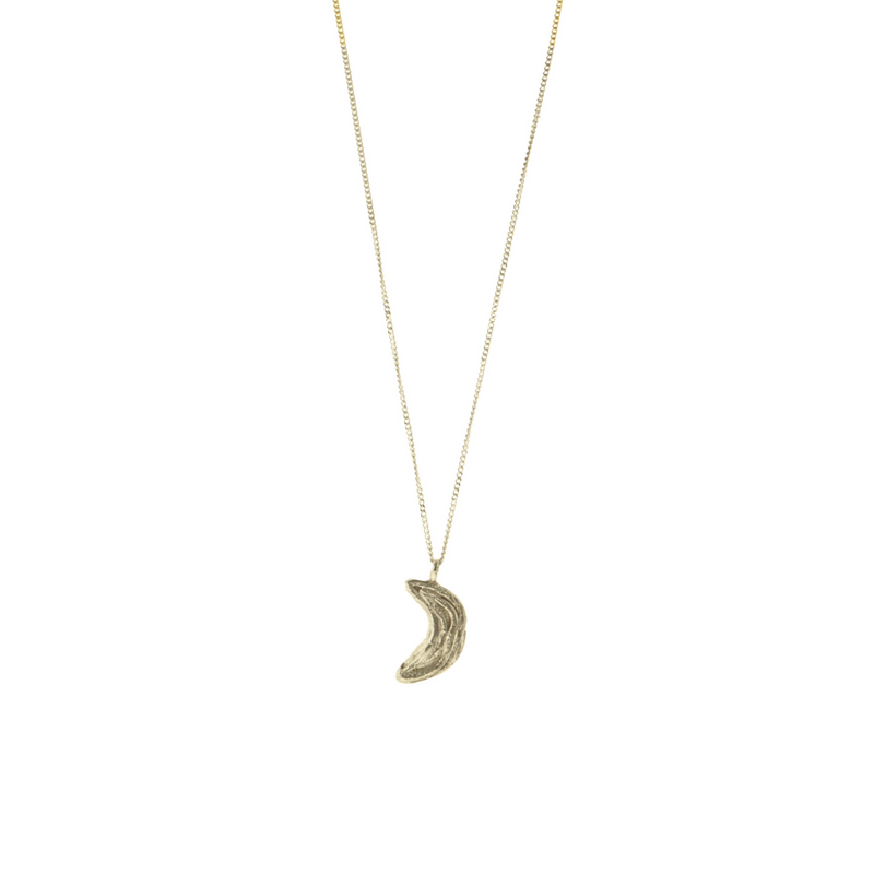 Silver crescent moon necklace on a white background