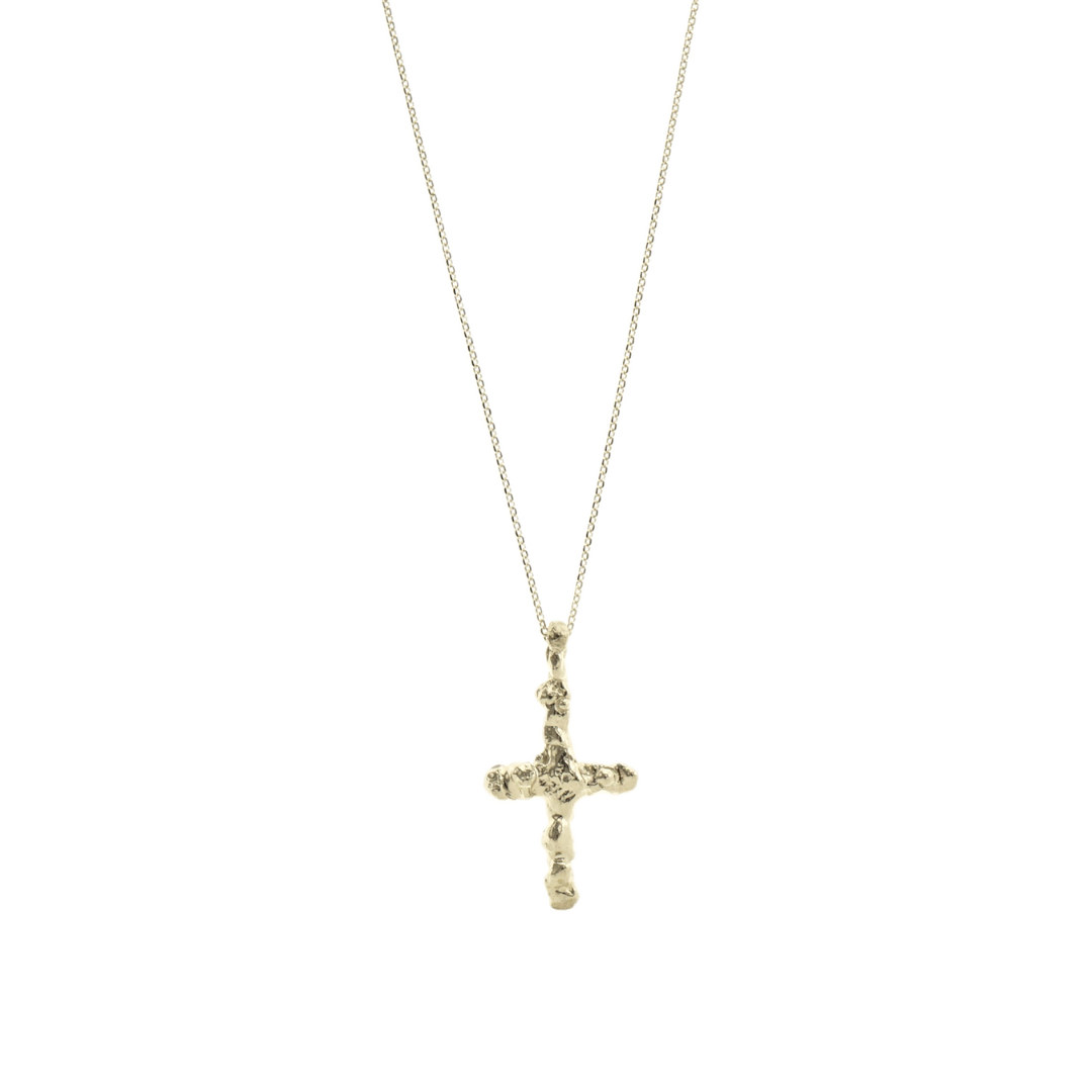 A silver necklace featuring a delicate silver chain and a cross-shaped pendant, with a ring clasp for fastening.