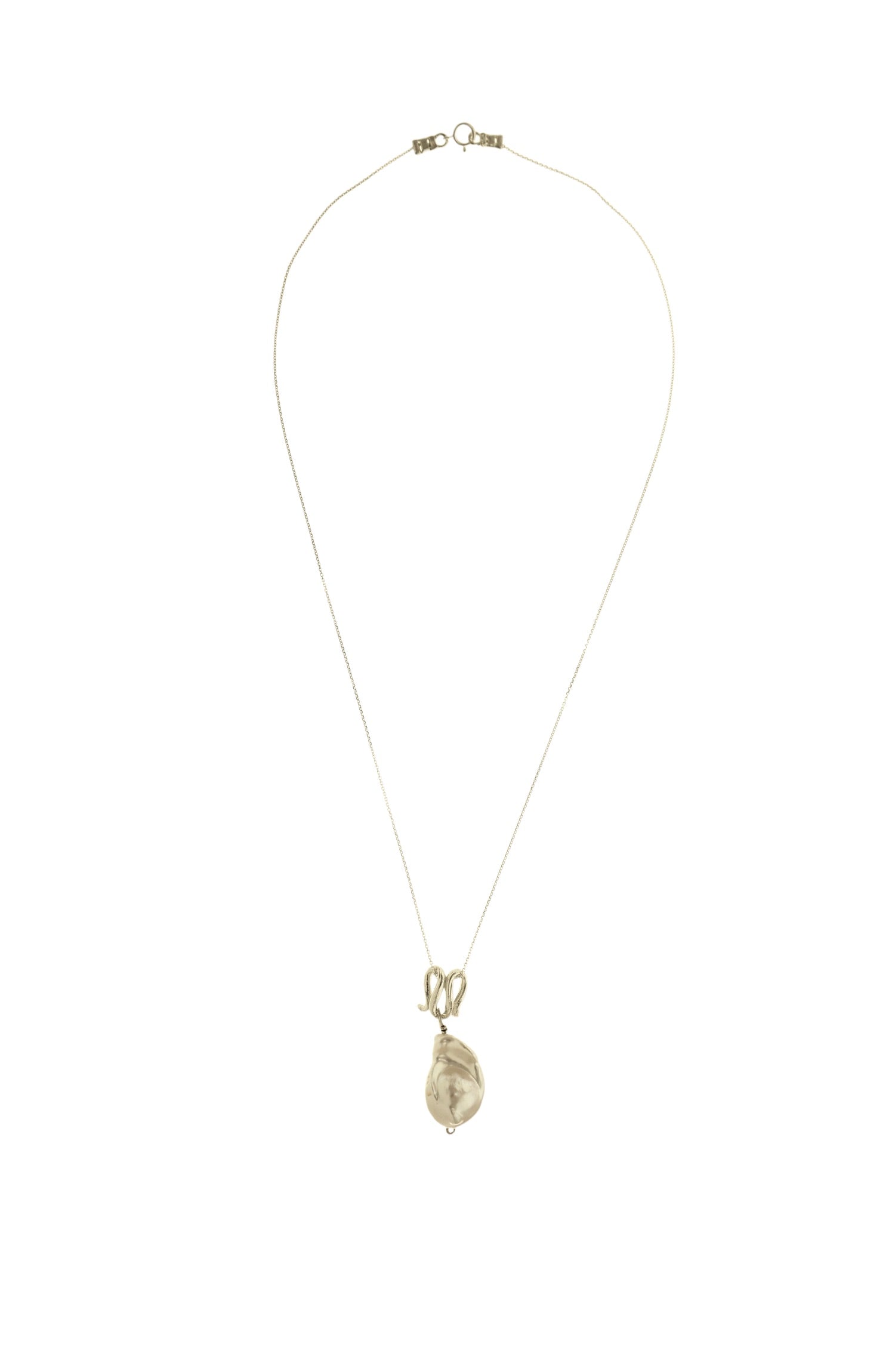 Infinity-shaped pendant featuring baroque shaped freshwater pearl. 