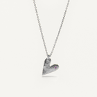 Silver heart-shaped pendant necklace with a purple gemstone on a white background