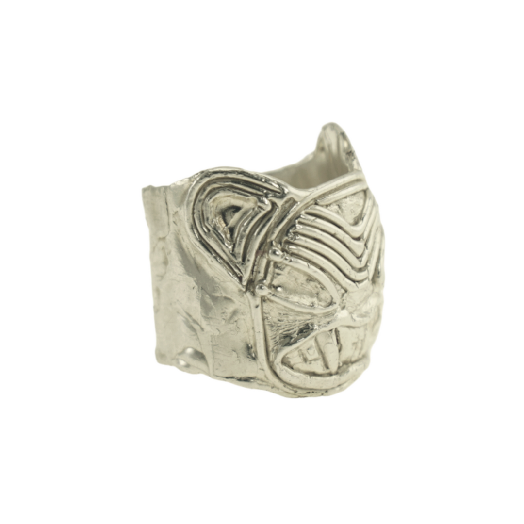 A silver ring with a textured design.