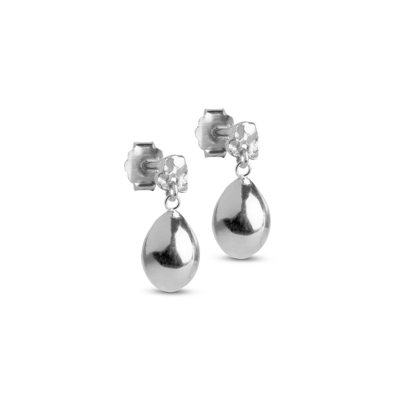 Silver teardrop earrings on a white background