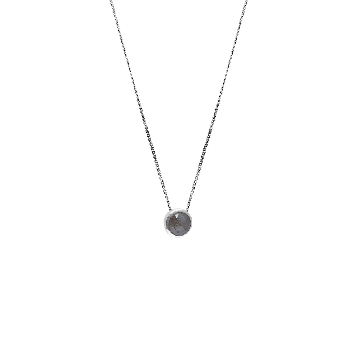 A delicate gold chain necklace with a small bezel-set rose-cut grey diamond pendant, shown against a plain white background.