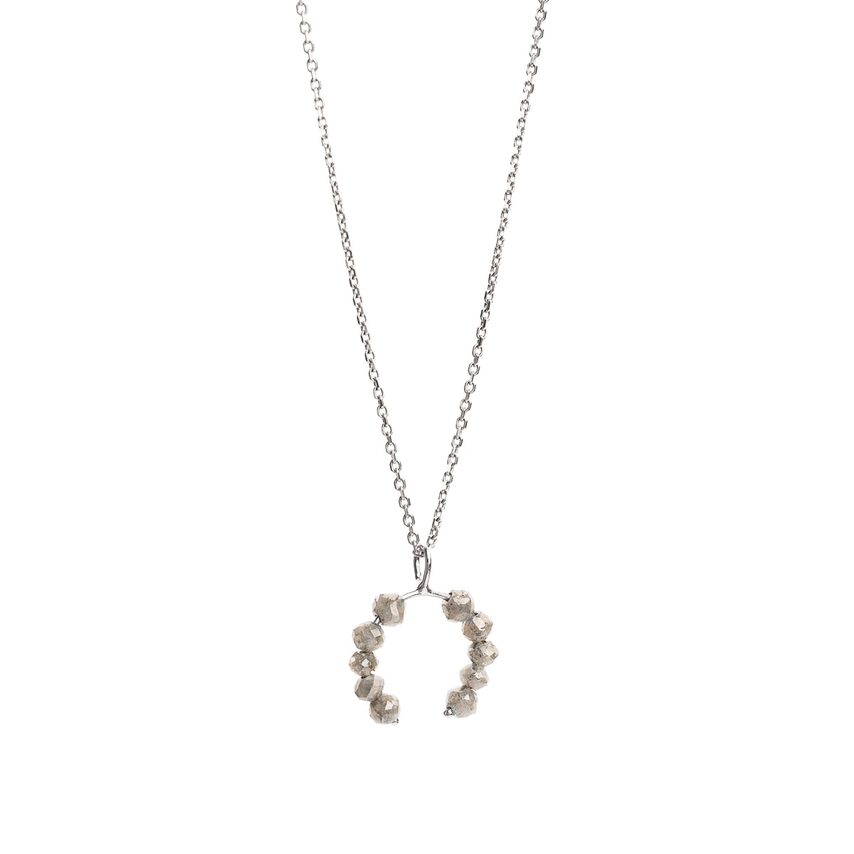 White gold necklace with a faceted grey diamonds pendant on a white background.