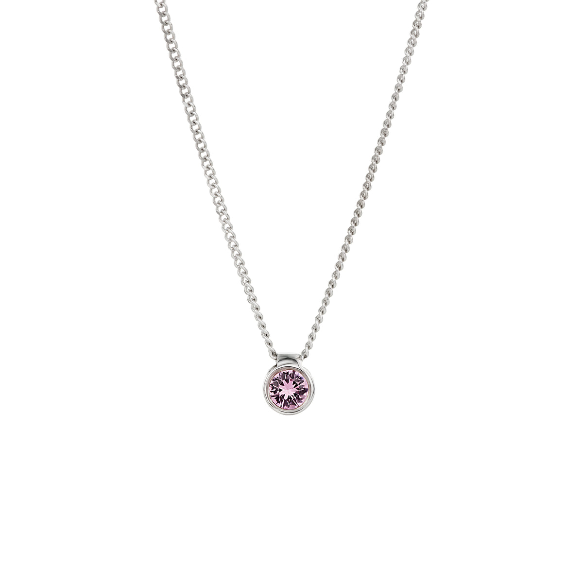 A white gold chain necklace with a small round bezel pendant featuring a faceted light pink gemstone, shown against a plain white background.