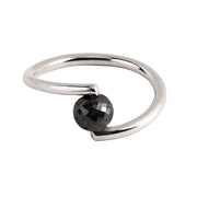 A white gold open wrap ring featuring a faceted black diamond, shown on a plain white background.