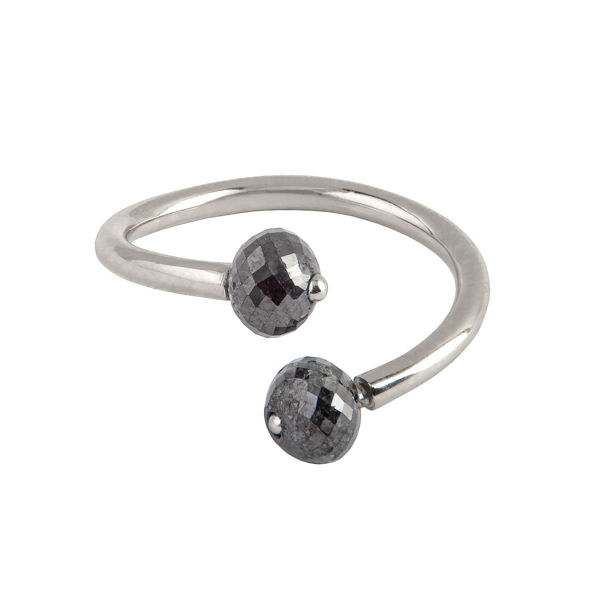 A gold open cuff ring featuring two faceted gray diamonds, photographed on a clean white background.