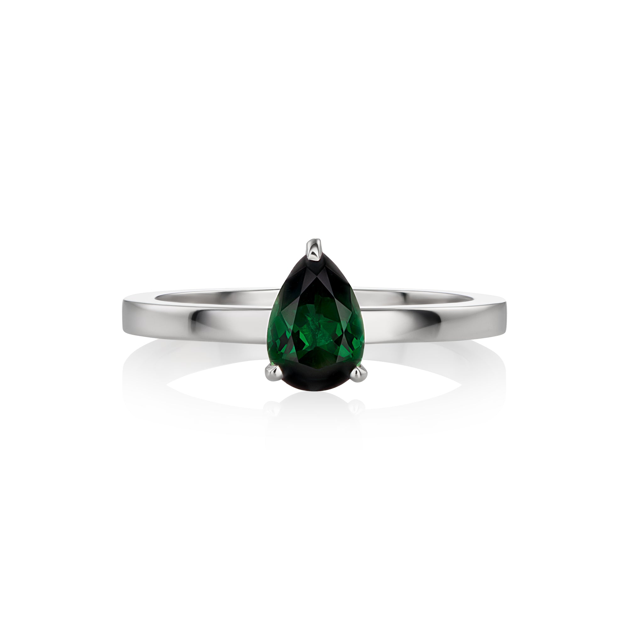 A white gold ring featuring a faceted pear-cut tourmaline gemstone in a three-prong setting, displayed on a clean white background with a soft reflection.