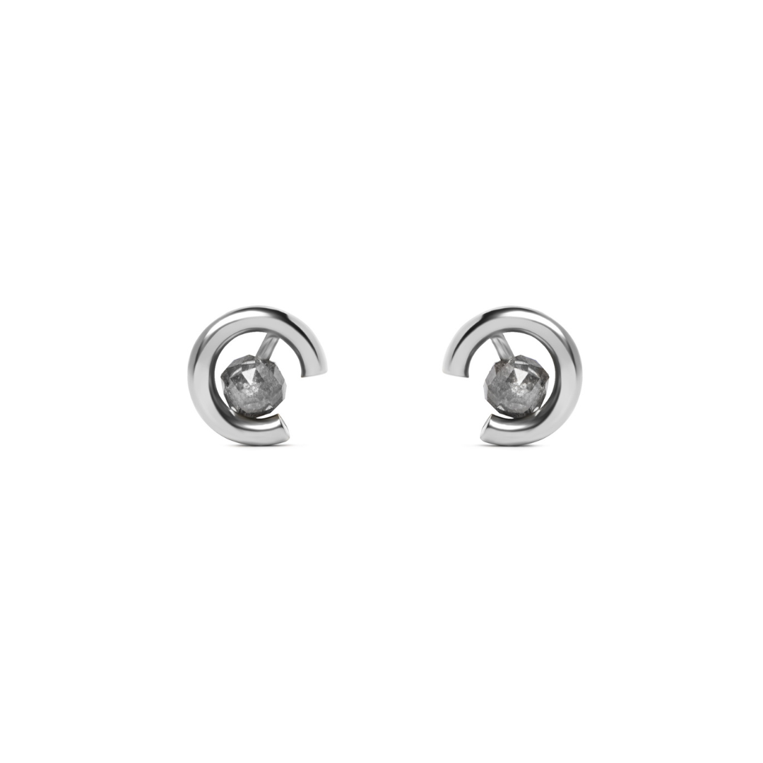A pair of gold crescent-shaped stud earrings with round grey diamonds, shown on a plain white background.
