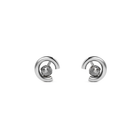 A pair of gold crescent-shaped stud earrings with round grey diamonds, shown on a plain white background.
