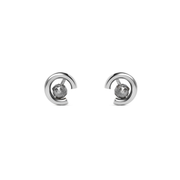 A pair of gold crescent-shaped stud earrings with round grey diamonds, shown on a plain white background.

