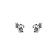 A pair of gold crescent-shaped stud earrings with round grey diamonds, shown on a plain white background.
