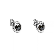 A pair of yellow gold stud earrings with a central faceted black diamond, set against a plain white background.