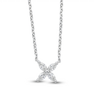 Delicate flower pendant crafted in 14k white gold, adorned with marquise-cut diamonds.