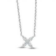 Delicate flower pendant crafted in 14k white gold, adorned with marquise-cut diamonds.