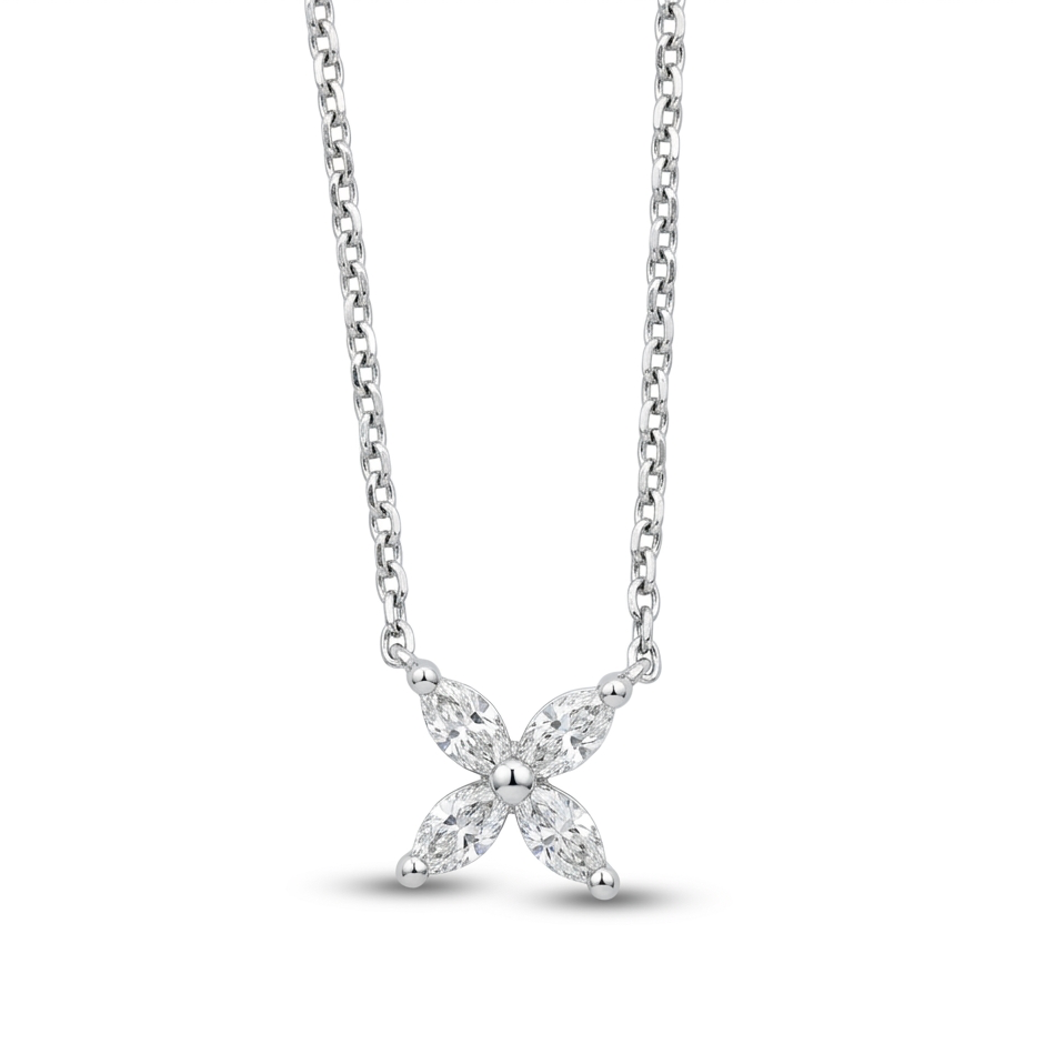Delicate flower pendant crafted in 14k white gold, adorned with marquise-cut diamonds.