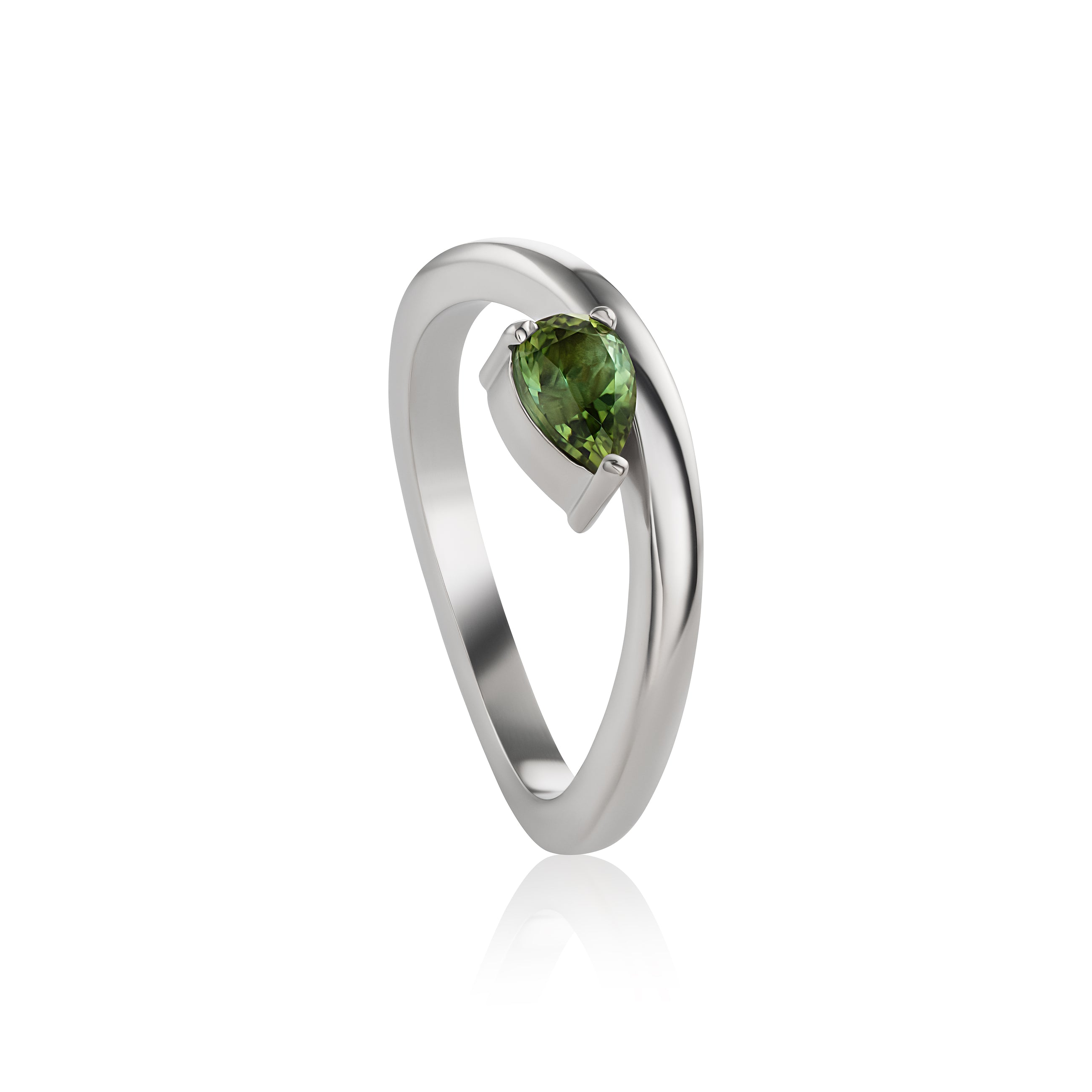 White gold ring featuring a pear-cut tourmaline in a prong setting, shown on a clean white background with a soft reflection.