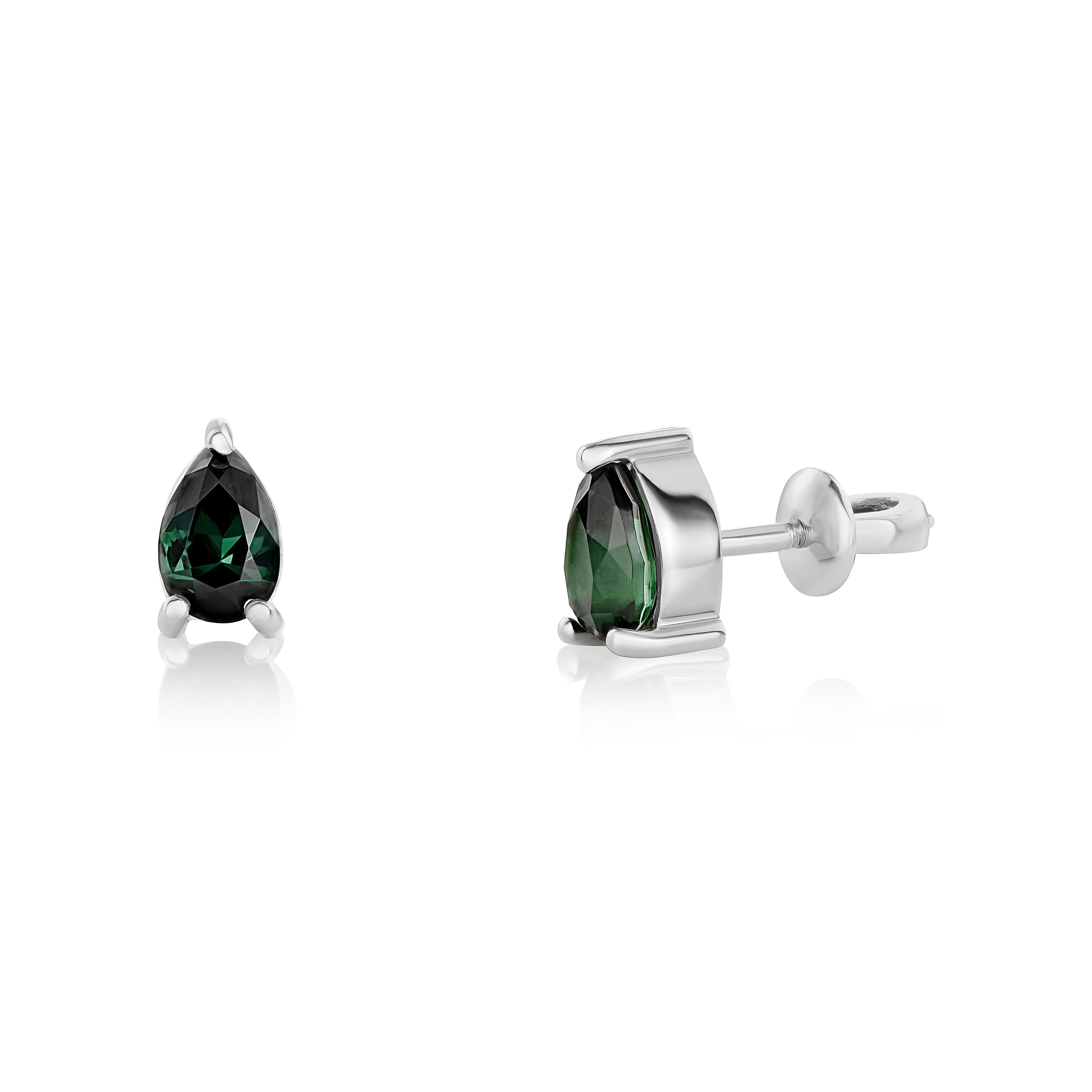 A pair of white gold stud earrings featuring pear-cut dark green tourmalines in prong settings, shown on a clean white background with soft reflections.