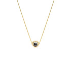 A delicate gold chain necklace featuring a small circular pendant with a gold outer ring and a dark, nearly black, faceted diamond, shown against a plain white background.