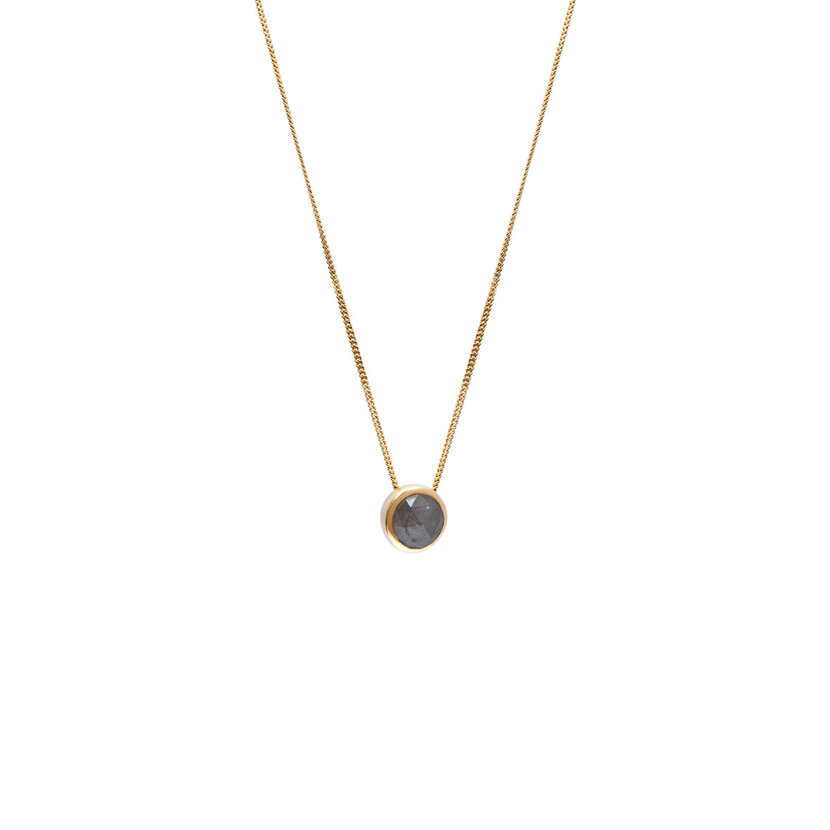 A delicate gold chain necklace with a small bezel-set rose-cut grey diamond pendant, shown against a plain white background.