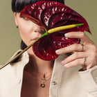 Person holding a large red flower against a plain background. Her hands is adorned with gold & rax diamonds rings.
