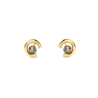A pair of gold crescent-shaped stud earrings with round grey diamonds, shown on a plain white background.