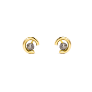 A pair of gold crescent-shaped stud earrings with round grey diamonds, shown on a plain white background.