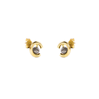 A pair of gold crescent-shaped stud earrings with round grey diamonds, shown on a plain white background.