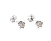 A pair of gold stud earrings with faceted gray diamonds in a prong setting, shown on a clean white background.