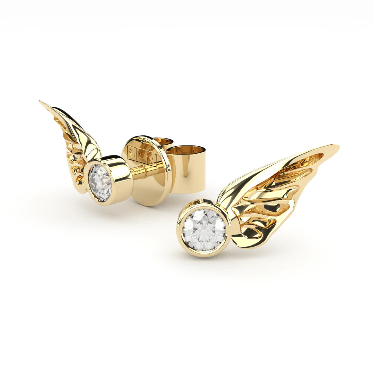 Modern yet sentimental yellow gold studs wings set with the finest quality laboratory made diamonds.