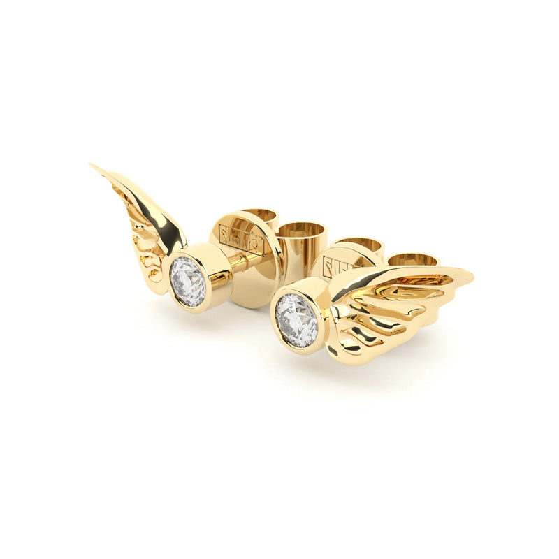 Modern yet sentimental yellow gold studs wings set with the finest quality laboratory made diamonds.