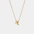 Yellow gold necklace with a small cross pendant on a white background