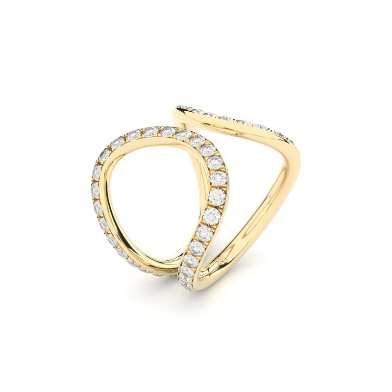 A yellow gold ring and ear cuff featuring a series of lab grown diamonds set in recycled 18k yellow gold, with a total of 86 diamonds.