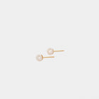 A pair of yellow gold stud earrings with round pearl embellishments.