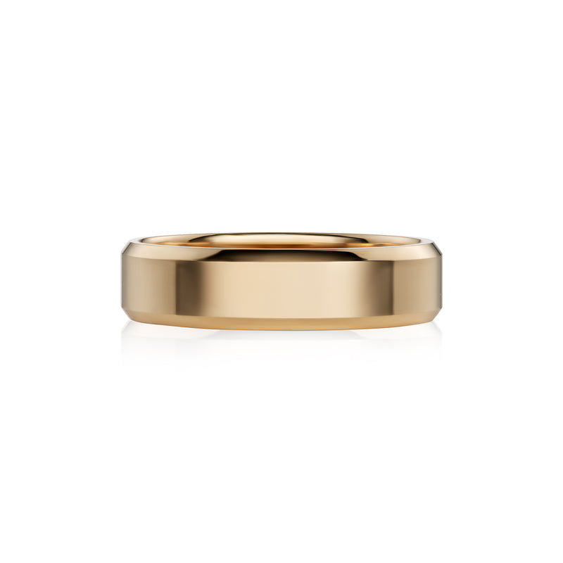 A polished yellow gold band ring with a smooth, slightly beveled edge, shown on a clean white background with a soft reflection underneath.