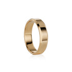 A polished yellow gold band ring with a smooth, slightly beveled edge, shown on a clean white background with a soft reflection underneath.