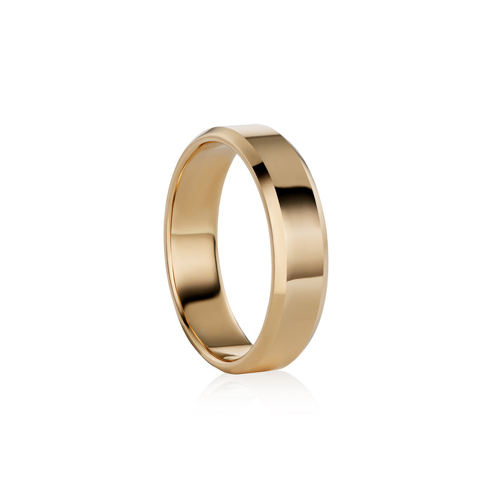 A polished yellow gold band ring with a smooth, slightly beveled edge, shown on a clean white background with a soft reflection underneath.