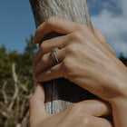Close-up of a hand wearing a one-of-a-kind ring composed of hafnium and rough diamond by ASR JWLS.