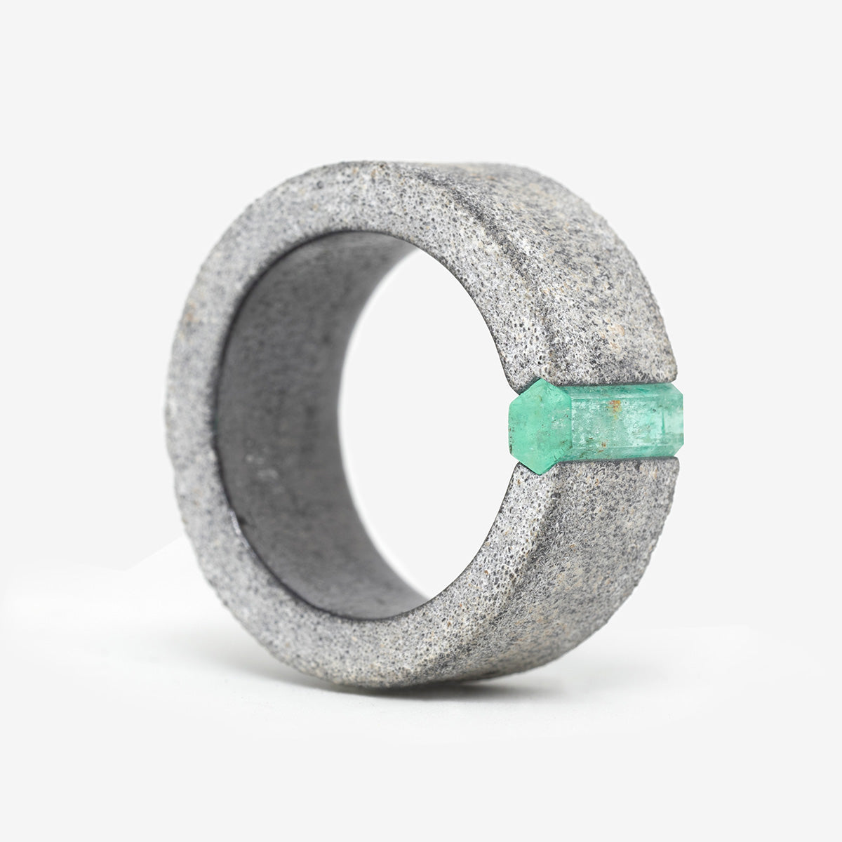 One-of-a-kind ring composed of tantalum and rough Columbian emerald by ASR JWLS.