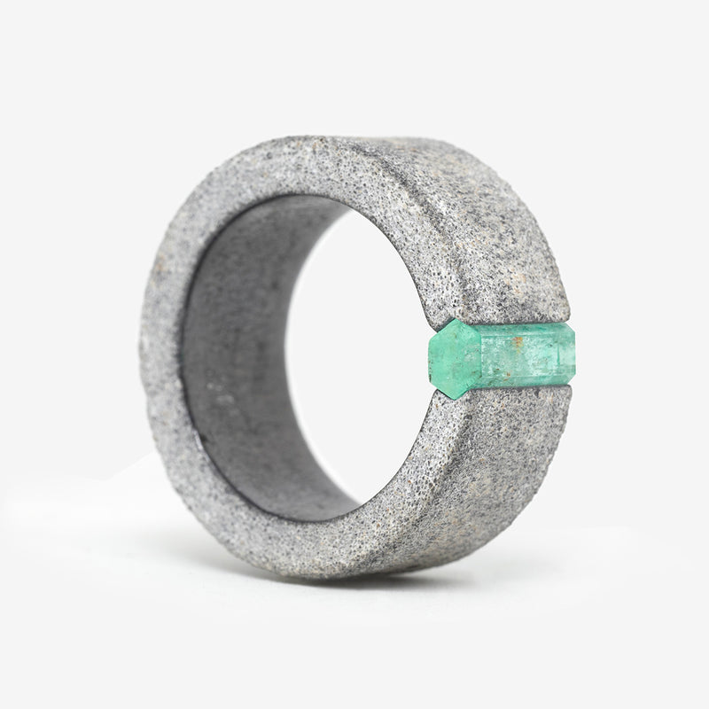 One-of-a-kind ring composed of tantalum and rough Columbian emerald by ASR JWLS.