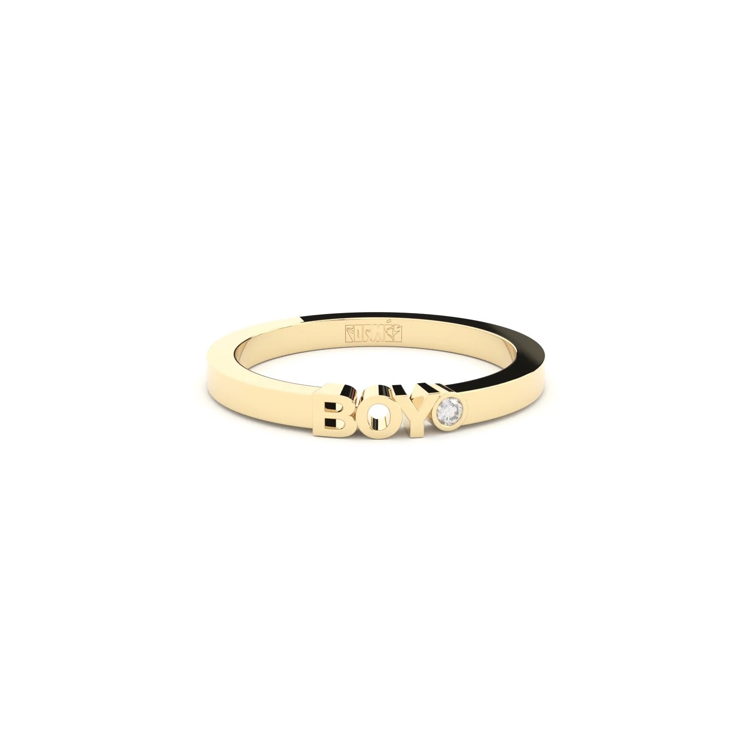 A solid yellow gold ring with the finest quality laboratory made diamond, featuring the inscription 'BOY' on it.