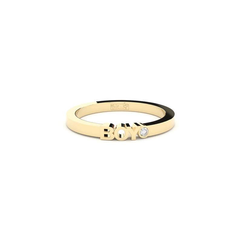 A solid yellow gold ring with the finest quality laboratory made diamond, featuring the inscription 'BOY' on it.