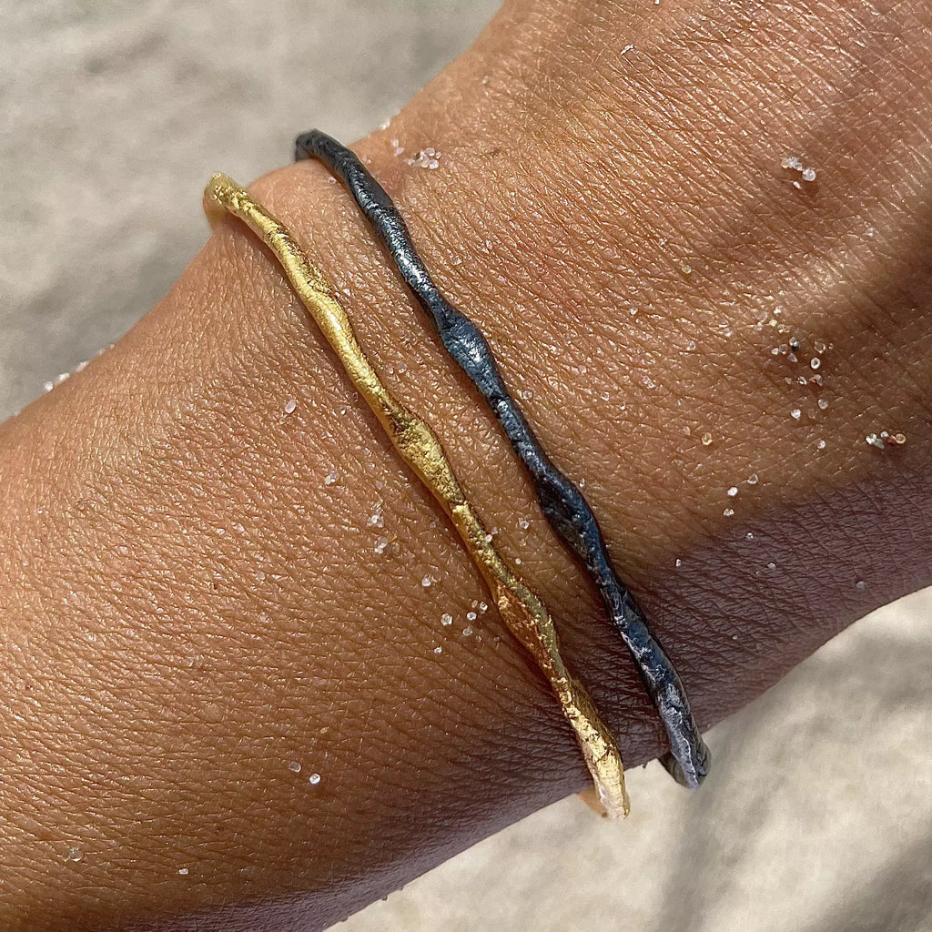 Oxidised / Gold Plated Silver Bangle Set "Rough Cuff"