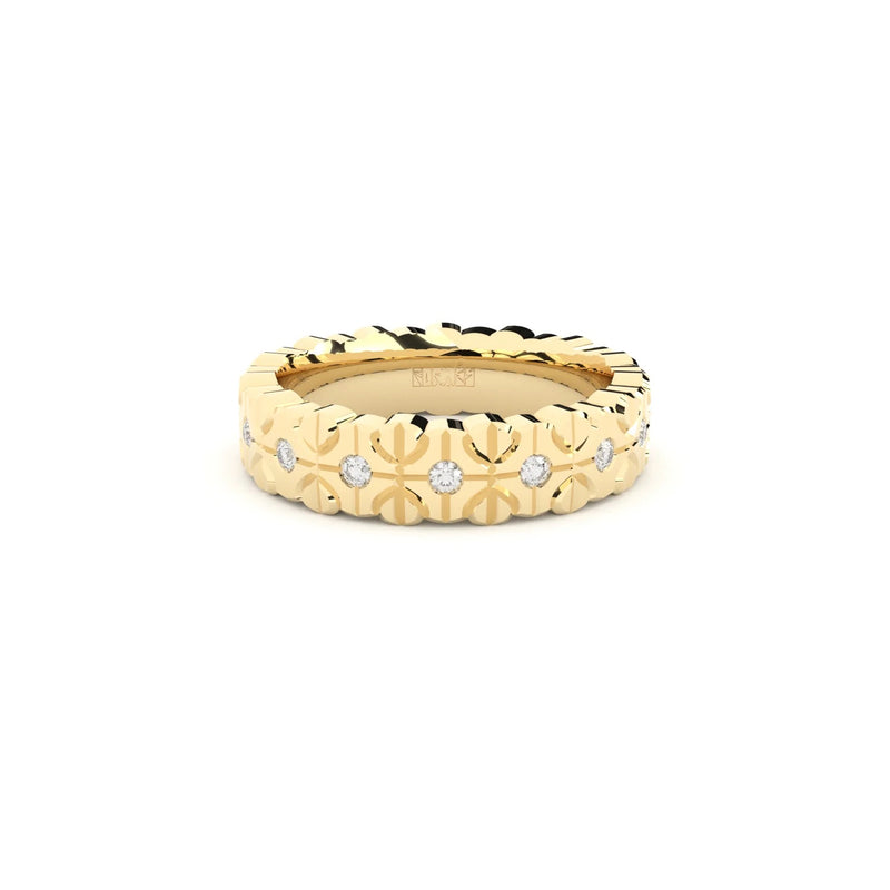 Modern and edgy yet comfortable and timeless wedding ring. Wedding ring handcrafted in solid recycled yellow gold, decorated with premium lab grown diamonds.