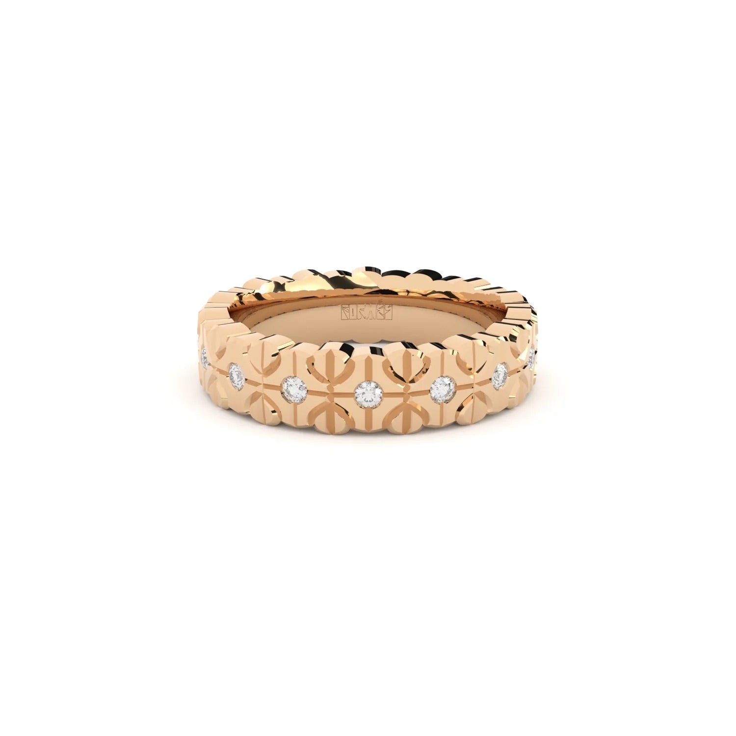 Modern and edgy yet comfortable and timeless wedding ring. Wedding ring handcrafted in solid recycled rose gold, decorated with premium lab grown diamonds.