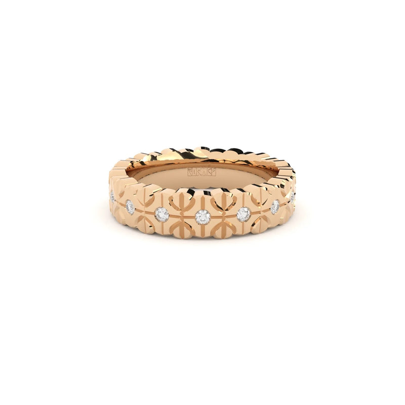 Modern and edgy yet comfortable and timeless wedding ring. Wedding ring handcrafted in solid recycled rose gold, decorated with premium lab grown diamonds.